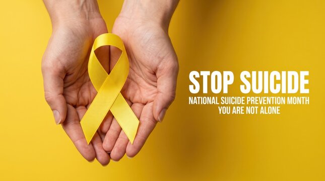 Two hands cupped together holding a yellow awareness ribbon against a bright yellow background with white text about suicide prevention