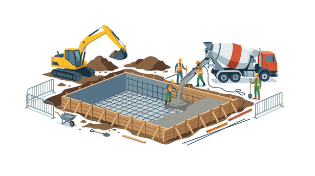 Construction Site with Excavator and Cement Mixer