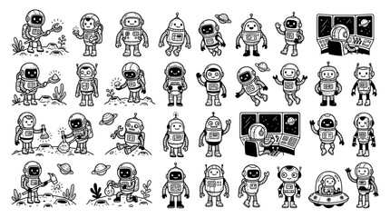 Fototapeta premium Astronauts in diverse poses and spacesuits are depicted in a collection of black and white cartoon vector illustrations.