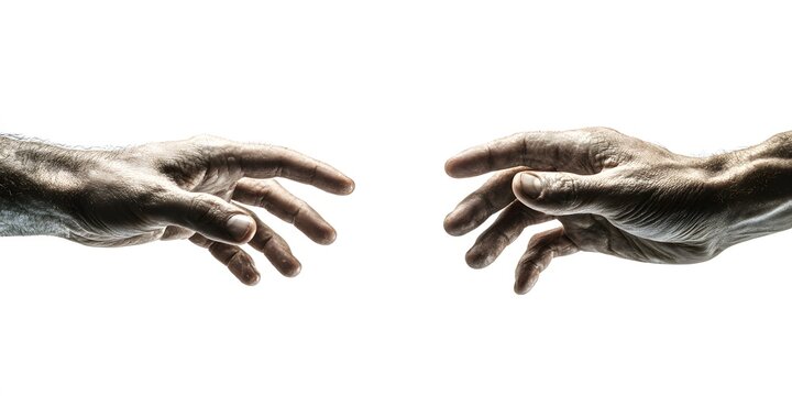 Two realistic human hands reach toward each other against a clean white background.