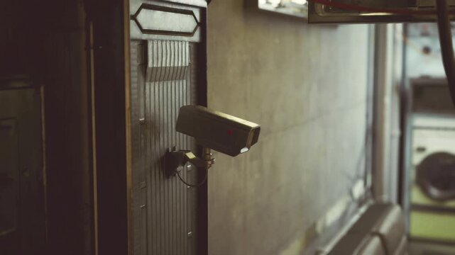 Watchful camera mounted on service panel, narrow depth of field highlights textured door and bracket, industrial lighting creates moody safety surveillance vibe