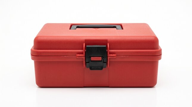 A closed red toolbox with a black latch and handle, ready for use