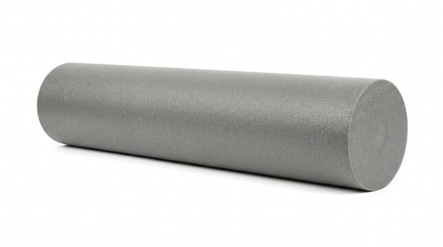 A metallic grey cylindrical object lies horizontally on a surface. The object has a smooth texture and its ends are clearly visible, showing a solid form