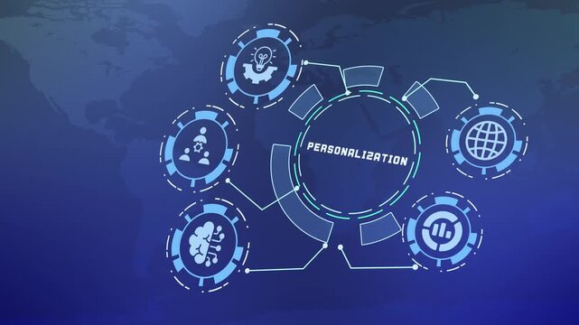 Interactive digital network HUD displaying customer personalization and user profiling.
