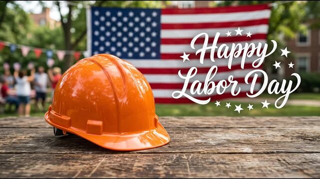 Orange hard hat resting on a wooden table with American flag for Labor Day
