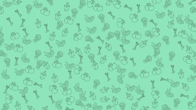 Dynamic hand-drawn healthy food items on a vibrant green background seamless loop animation