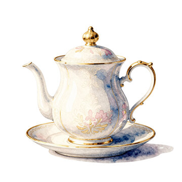 Ornate porcelain teapot with gold accents sits on a matching saucer