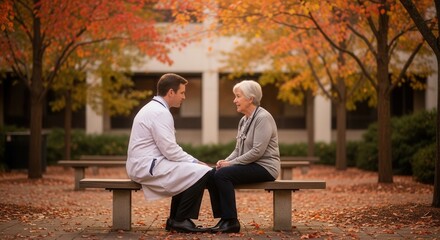 Fototapeta premium Doctor consults with elderly patient outdoors in autumn, holding hands for comfort and reassurance.