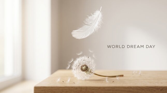 White feather floating above a dandelion seed head on a light wooden table with dream day text seeds