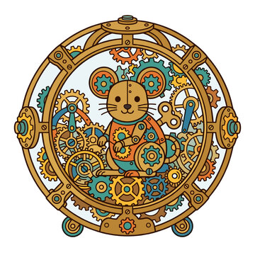 Steampunk mechanical mouse inside a brass gear orb vector illustration