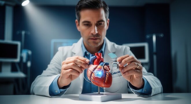 Doctor demonstrates advanced cardiac pacemaker implant technology on a heart model, symbolizing futuristic cardiology and medical innovation.