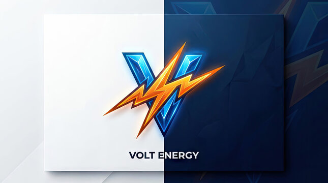Metallic blue V logo with orange lightning bolt.