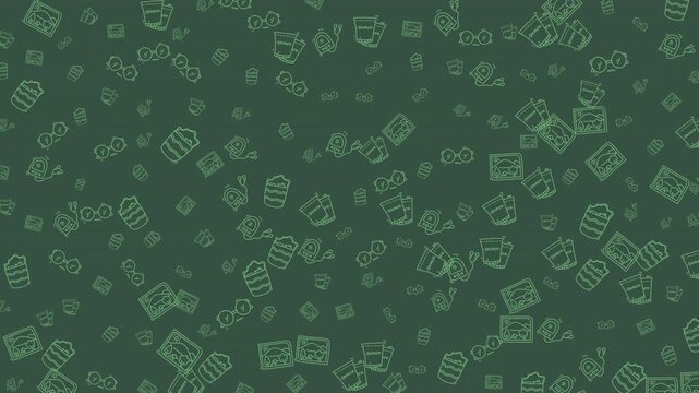 Seamless green doodle pattern background with charming line art illustrations