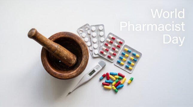 Wooden mortar and pestle with blister packs of white red blue and yellow pills and a digital thermometer on a white surface with pharmacist day text overlay