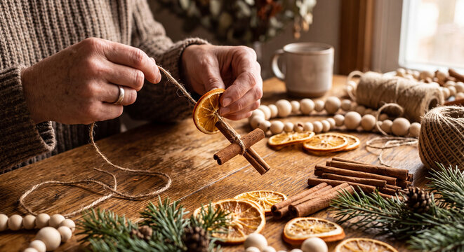 Close up of hands tying jute twine to craft dried orange slice and cinnamon stick christmas ornaments