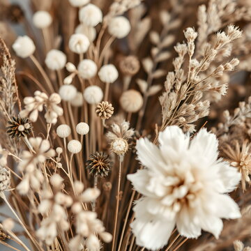 Dried autumn botanicals pressed arrangement macro, maximalist layered rich detail