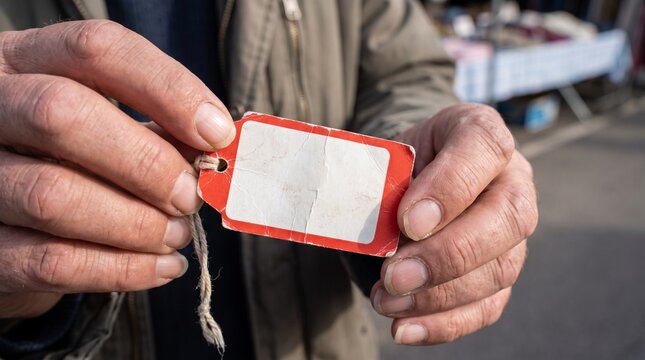 A person's hands holding a blank red tag with a string attached, implying a label or price marker, perhaps at a market stall