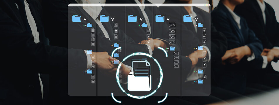 Digital File Organization Concept Showing Business Professionals Using Technology to Manage Documents and Improve Workflow Efficiency in Modern Office Environment. Sentient.