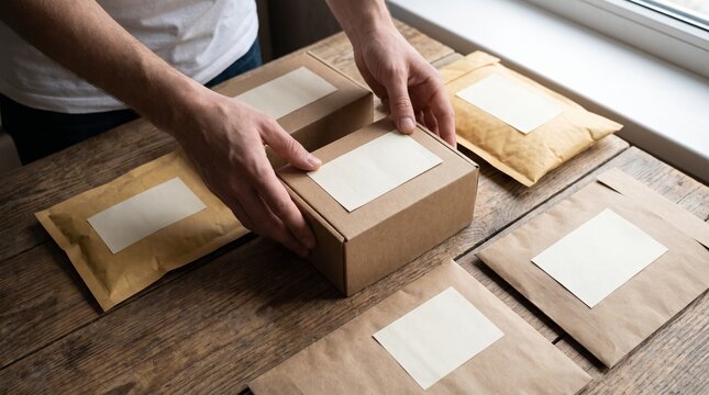 Hands carefully placing a package on a wooden table surrounded by other mail envelopes. A bright window light illuminates the scene, highlighting the contents of the parcels.