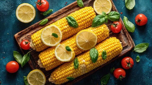Corn cobs with lemon slices and cherry tomatoes.