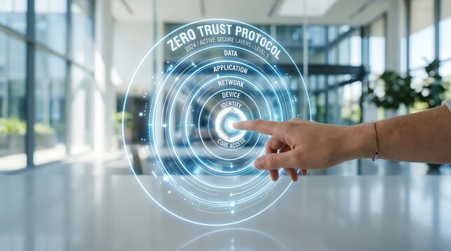 Digital network interface displaying zero trust security protocol with a hand interacting with the central button concept for cybersecurity and data protection
