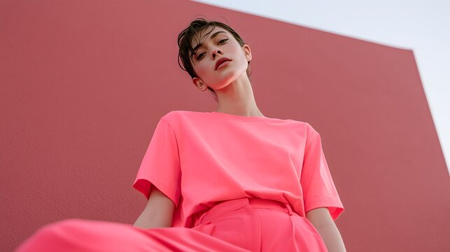 Pink Outfit of a White Woman Model in Vibrant Neon Pink with a Bright Monochromatic Style