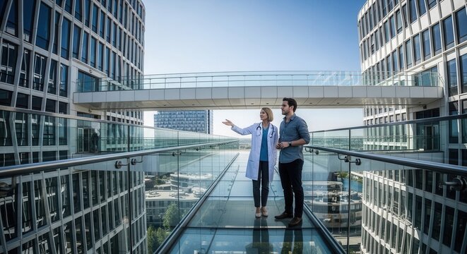 Doctor explains modern hospital architecture on glass skywalk with patient, surrounded by sleek glass buildings.