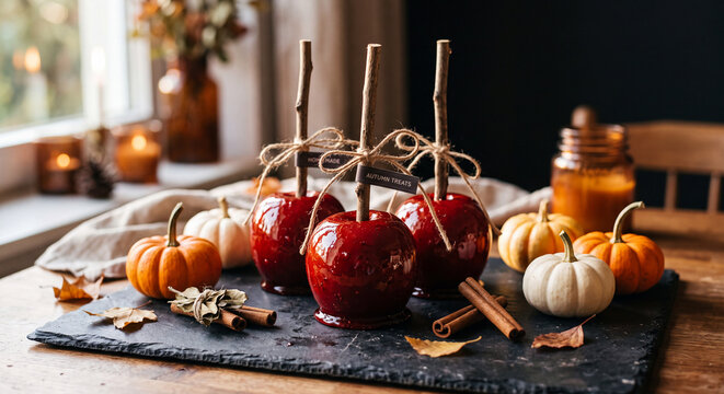 Glossy red candy apples on rustic wooden sticks arranged on a slate board with mini pumpkins and cinnamon sticks.