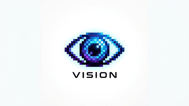 Pixelated blue eye logo symbol for digital vision.