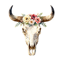 Fototapeta premium Watercolor bull skull adorned with colorful flowers and green leaves
