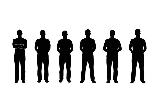Silhouettes of six men standing in a row isolated on transparent background