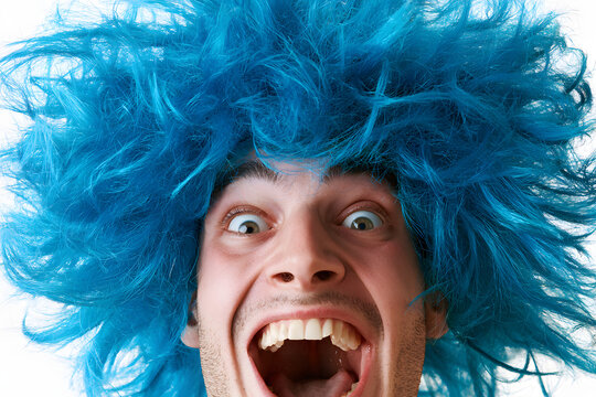 crazy amusing young chap with a blue hairstyle