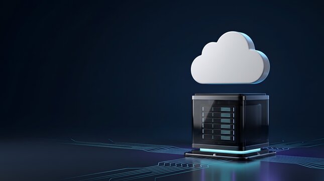 Cloud computing server rack with glowing circuit board representing enterprise data storage and hybrid cloud infrastructure solutions