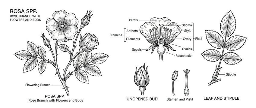 Botanical Illustration of Rose Branch with Flowers and Buds