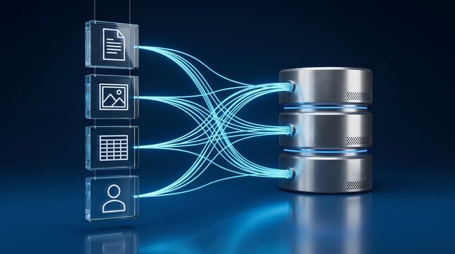 Structured data archiving concept with digital file icons connected to database storage cylinder via glowing fiber cables