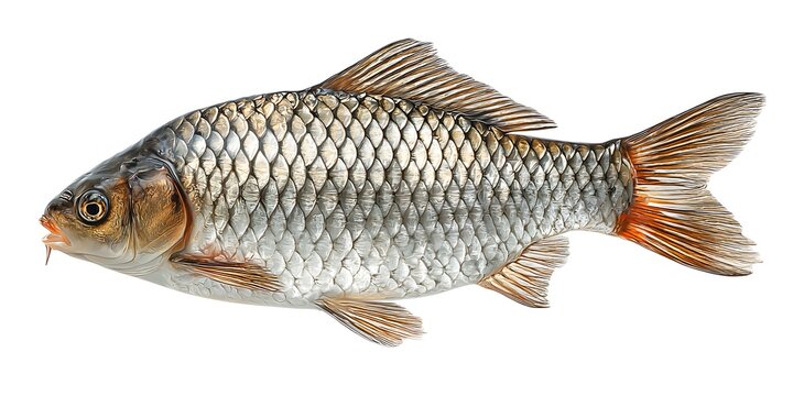 A silver fish with golden scales and orangetipped fins rests isolated against a white background