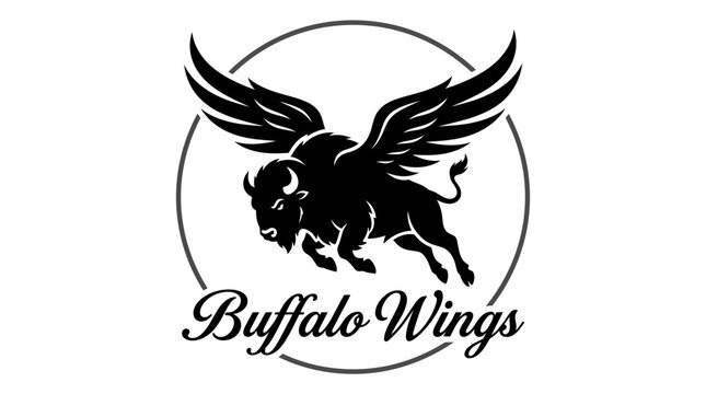 Winged buffalo silhouette vector illustration for restaurant branding with bold black ink style on white background