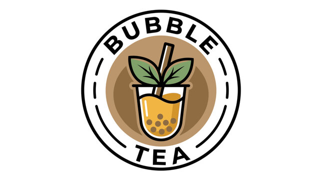 Bubble tea logo vector illustration featuring a circular badge design with brown beverage and leaves