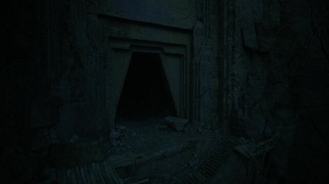 Ancient temple entrance in deep shadow, dark portal framed by carved stone and overgrown debris, silent threshold suggests mystery, ritual and discovery