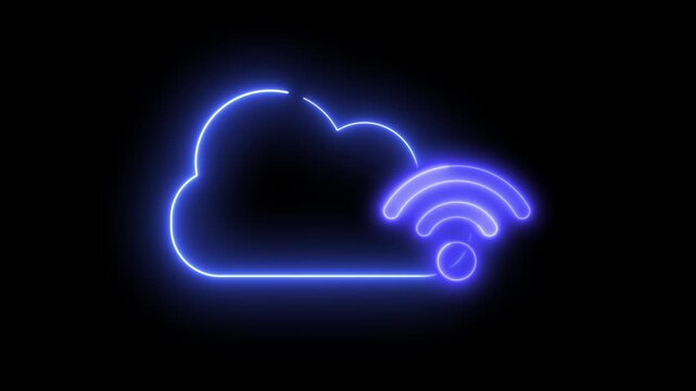 Glowing blue neon cloud with Wi-Fi symbol. Minimalist design on black background. Ideal for tech, internet, or cloud storage themes. Clean, modern, and futuristic style
