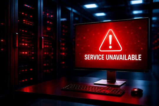 Red service unavailable error message on computer monitor in dark server room illustrating network outage and cybersecurity failure.
