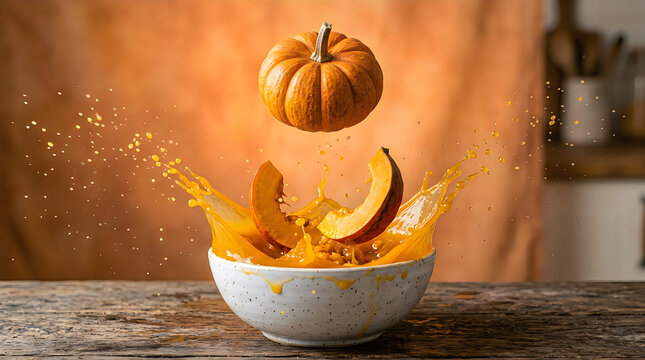 Pumpkin splat in white bowl on wooden table