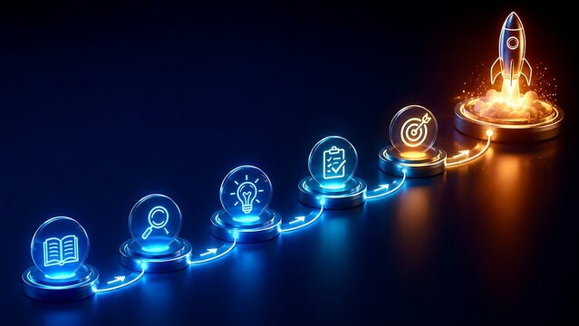 Glowing 3D neon infographic showing business progression steps from research and idea to successful startup rocket launch.