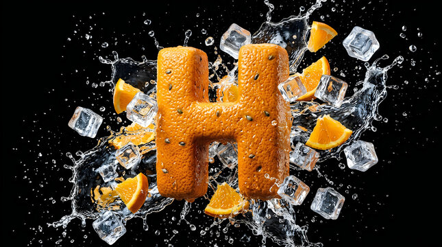 Capital h letter formed from orange with splashing water and ice cubes