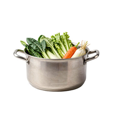 Fresh, vibrant vegetables in a silver cooking pot on a white background