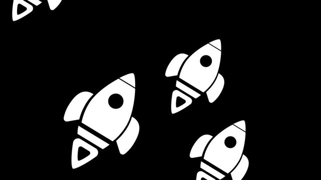 Black screen with white rocket symbols drifting upward