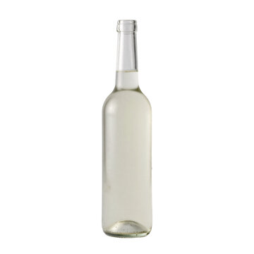 Clear glass bottle filled with pale yellow liquid and small bubbles