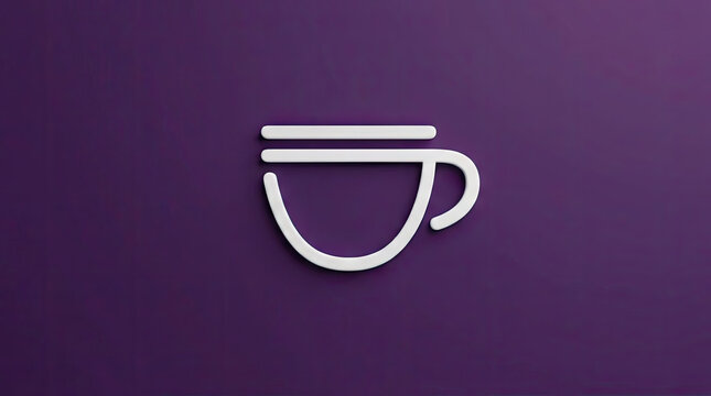 White line art coffee cup logo on purple background.