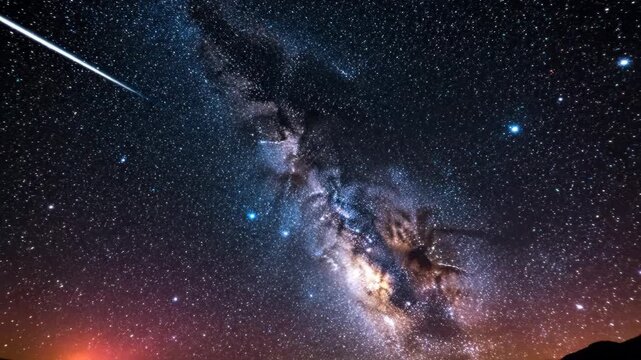 Cinematic Milky Way galaxy with shooting star, starry night sky over dark mountain horizon, cosmic nebula and deep space background