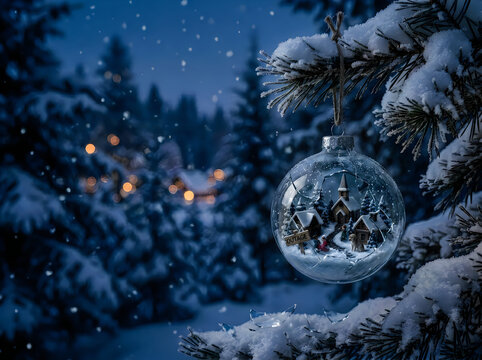 Winter scene with a snow covered christmas tree and blurred lights